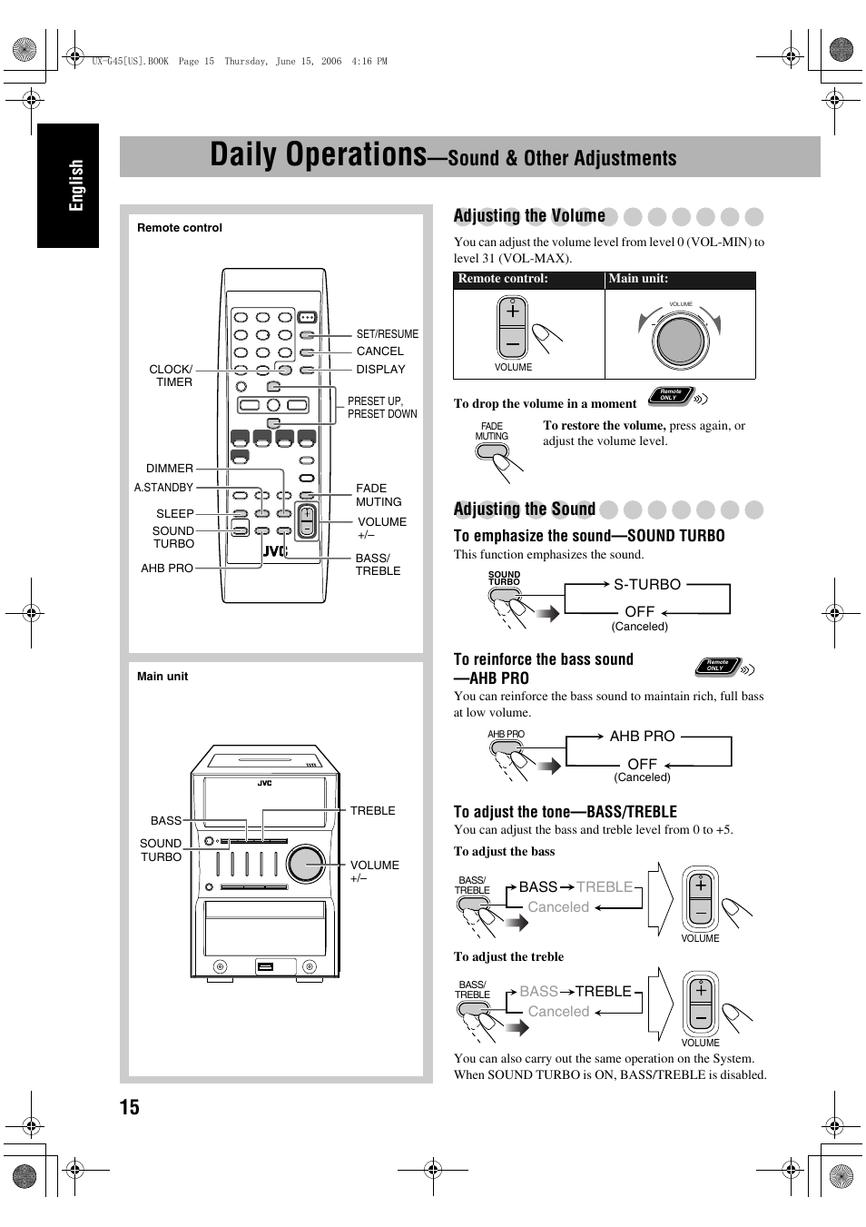 Daily operations-sound & other adjustments, Adjusting the volume, Adjusting the sound | Daily operations—sound, Other adjustments, Adjusting the volume adjusting the sound, Daily operations, Sound & other adjustments, English | JVC CA-UXG45 User Manual | Page 19 / 70