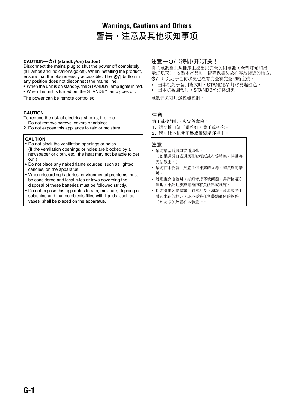 Warnings, cautions and others, G-1 warnings, cautions and others | JVC CA-UXG45 User Manual | Page 2 / 70