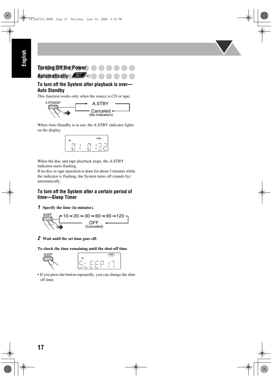 Turning off the power automatically, English turning off the power automatically | JVC CA-UXG45 User Manual | Page 21 / 70