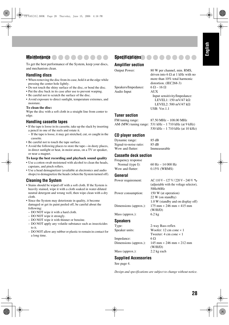 Maintenance, Specifications, Maintenance specifications | English maintenance | JVC CA-UXG45 User Manual | Page 32 / 70
