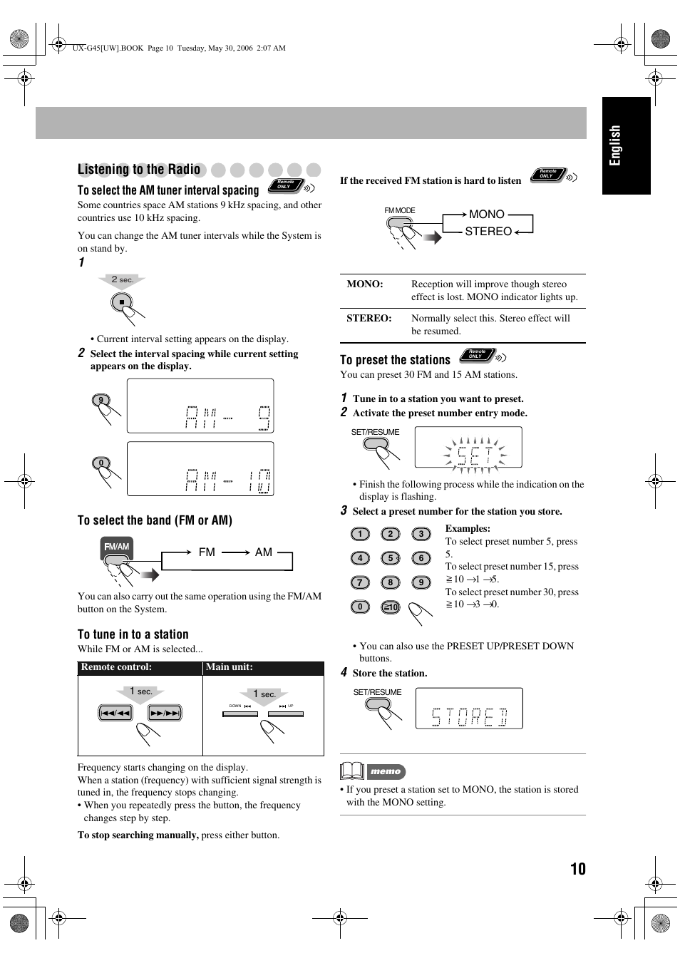 Listening to the radio, English listening to the radio | JVC CA-UXG45 User Manual | Page 49 / 70