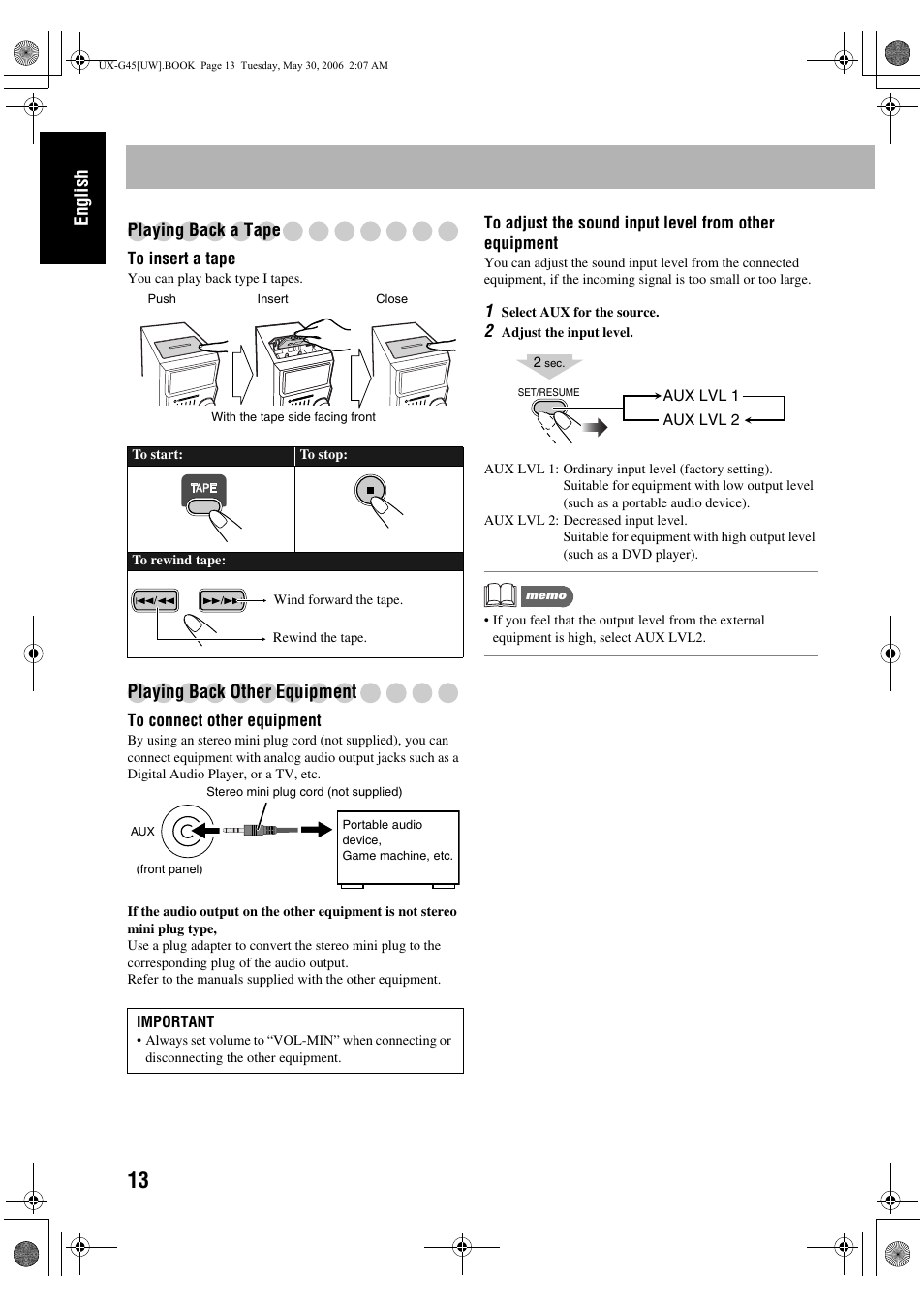 Playing back a tape, Playing back other equipment, English playing back a tape | JVC CA-UXG45 User Manual | Page 52 / 70