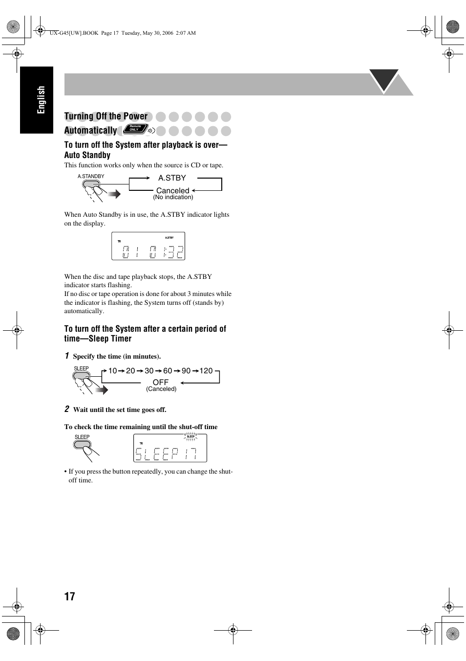 Turning off the power, Automatically, English turning off the power automatically | JVC CA-UXG45 User Manual | Page 56 / 70