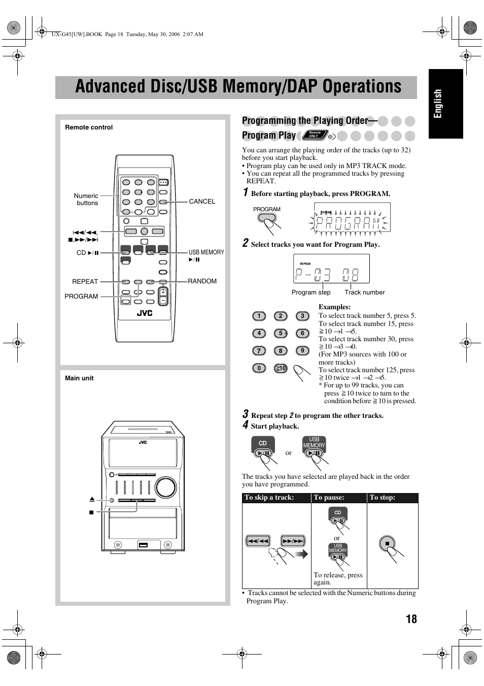 Advanced disc/usb memory/dap operations, Programming the playing order, Program play | English, Programming the playing order— program play | JVC CA-UXG45 User Manual | Page 57 / 70