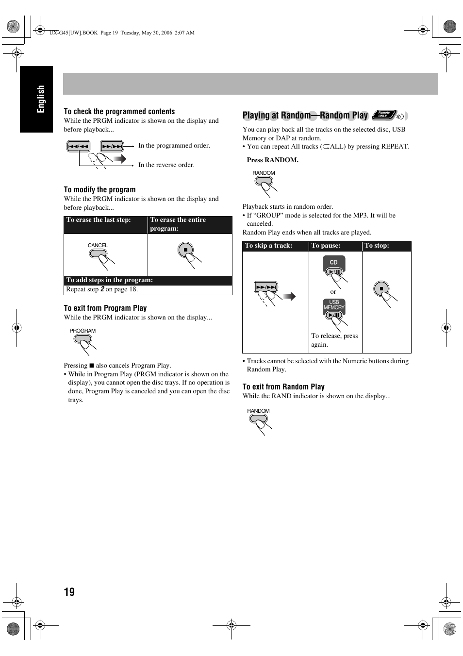 Playing at random-random play, English, Playing at random—random play | JVC CA-UXG45 User Manual | Page 58 / 70