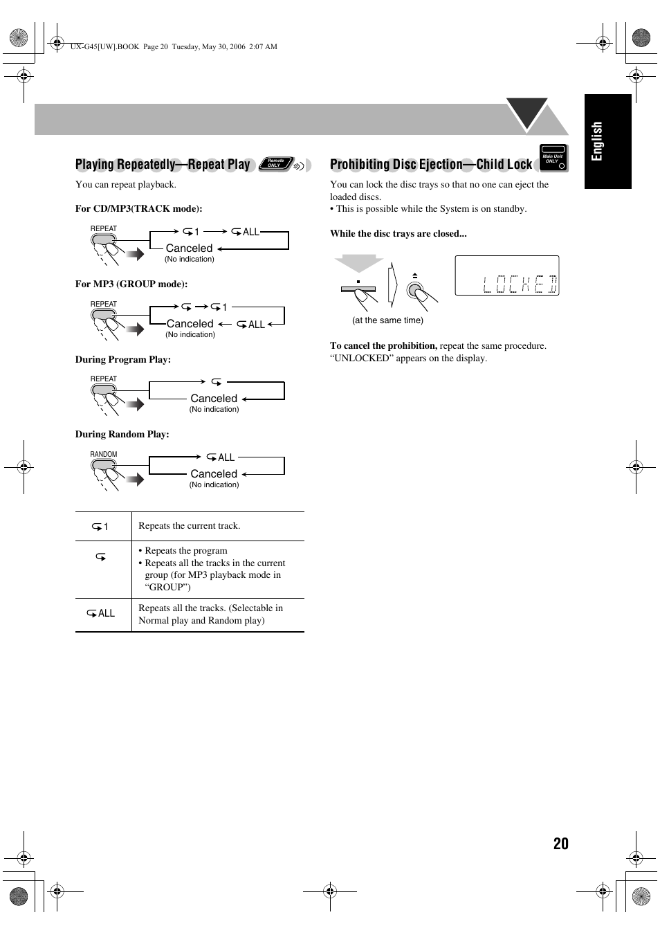 Playing repeatedly-repeat play, Prohibiting disc ejection-child lock, English playing repeatedly—repeat play | Prohibiting disc ejection—child lock | JVC CA-UXG45 User Manual | Page 59 / 70