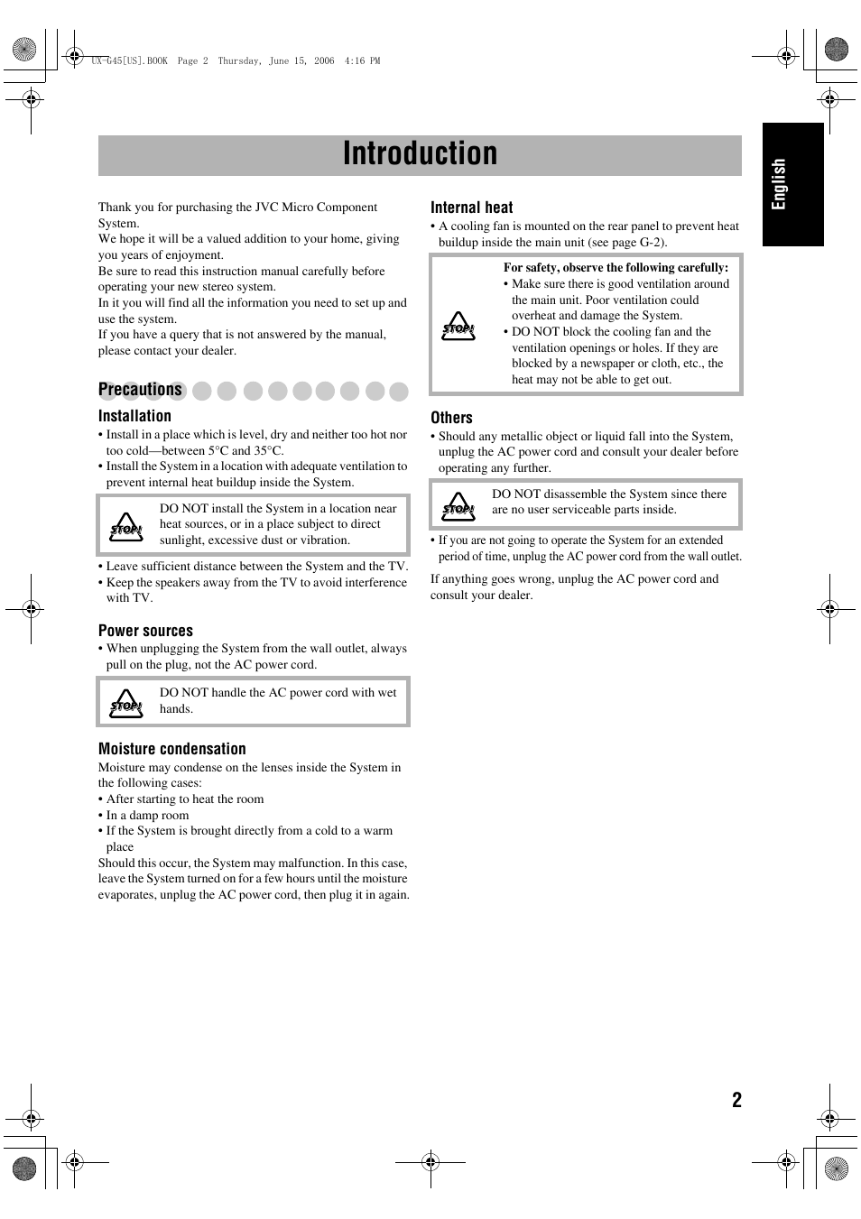 Introduction, Precautions, English | JVC CA-UXG45 User Manual | Page 6 / 70