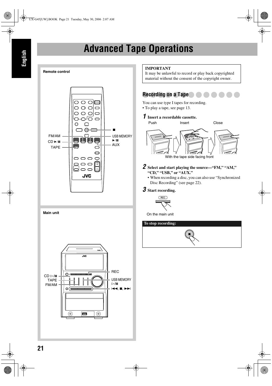 Advanced tape operations, Recording on a tape, English recording on a tape | JVC CA-UXG45 User Manual | Page 60 / 70