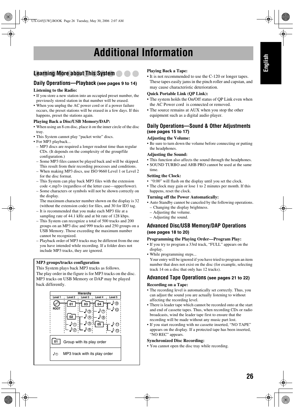 Additional information, Learning more about this system, English | Daily operations—playback, Daily operations—sound & other adjustments, Advanced tape operati ons | JVC CA-UXG45 User Manual | Page 65 / 70