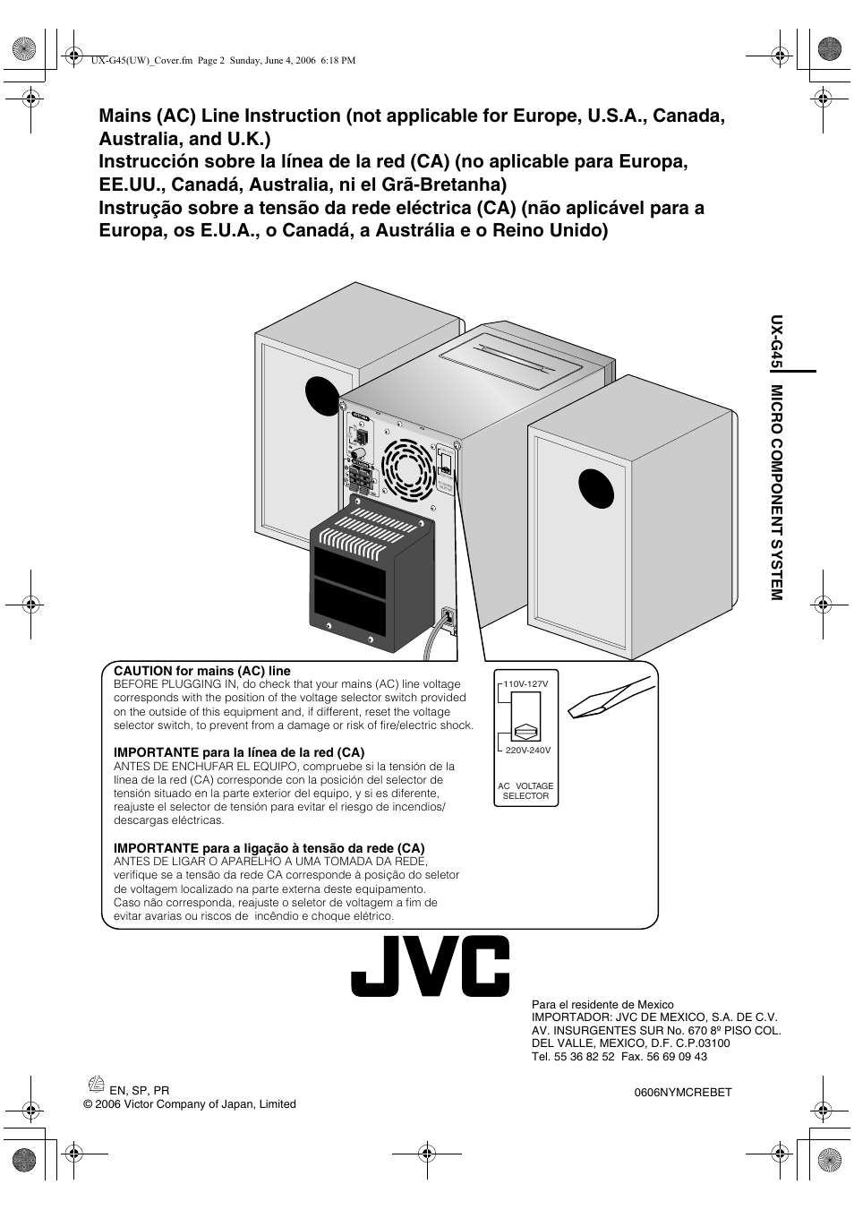 Ux-g45 micro component system, Caution for mains (ac) line, Importante para la línea de la red (ca) | Importante para a ligação à tensão da rede (ca) | JVC CA-UXG45 User Manual | Page 70 / 70