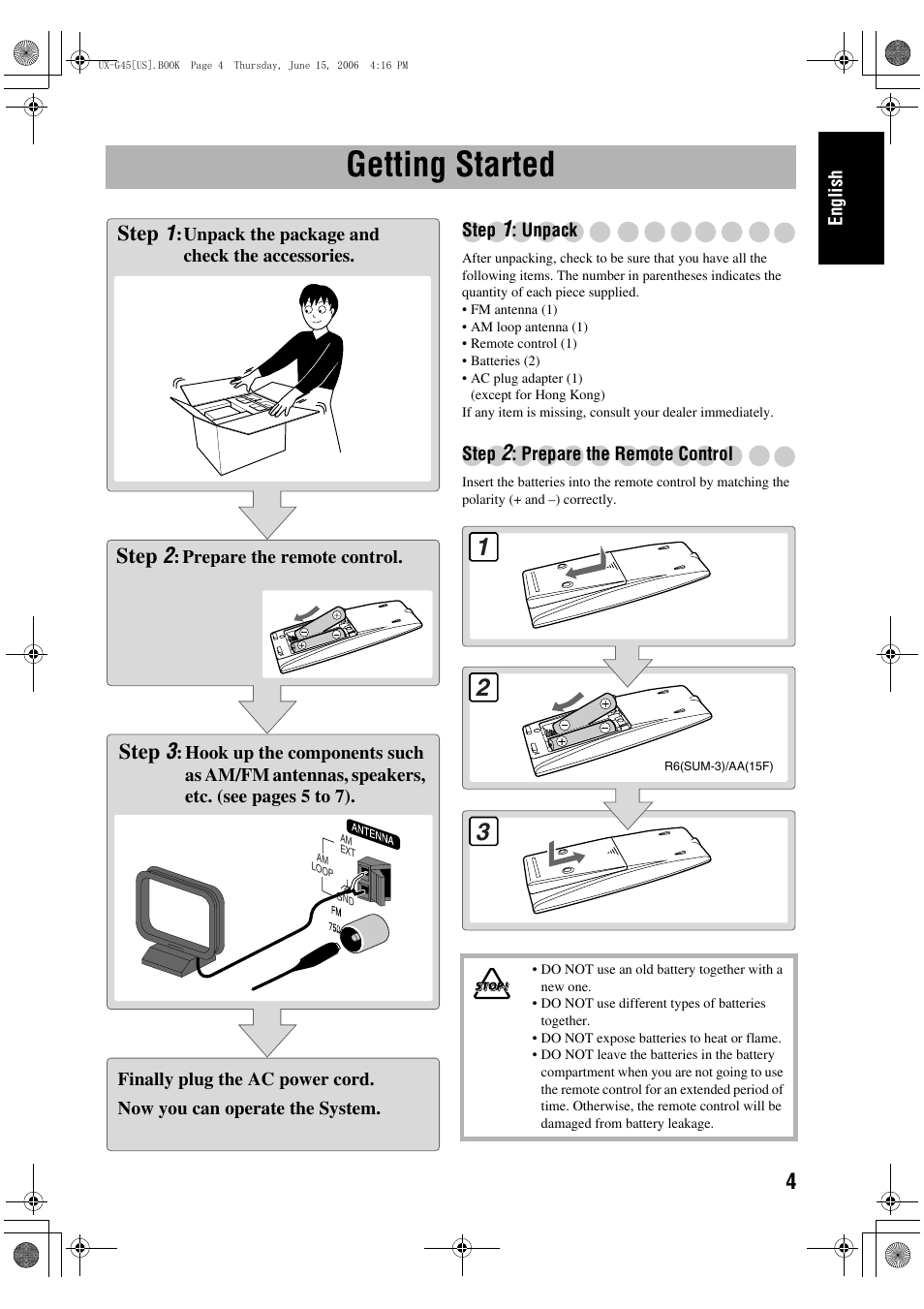 Getting started, Step 1: unpack, Step 2: prepare the remote control | Step 1: unpack step 2: prepare the remote control, Step 1, Step 2, Step 3 | JVC CA-UXG45 User Manual | Page 8 / 70