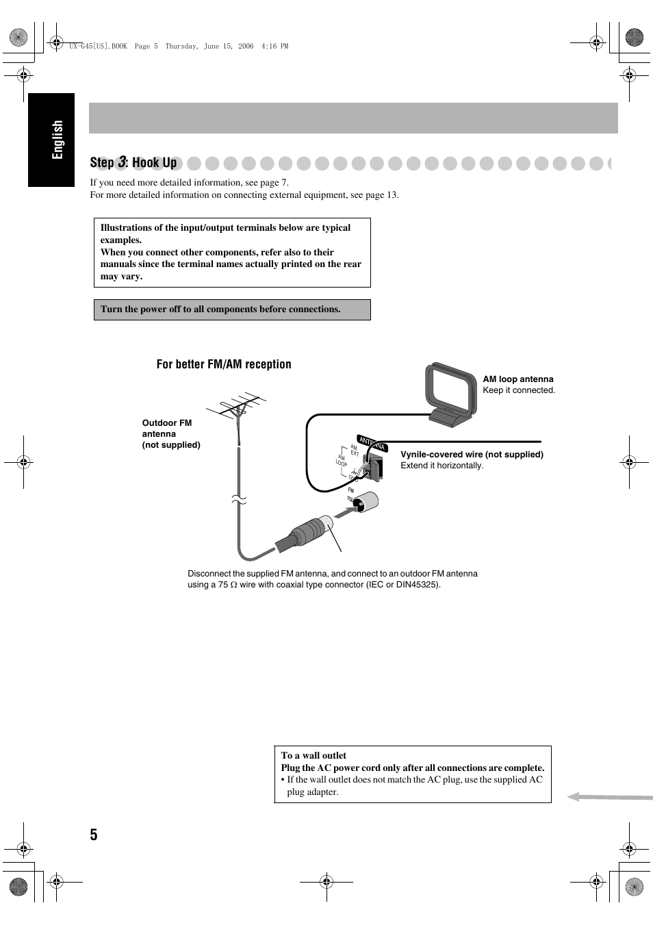 Step 3: hook up, English step, Hook up | JVC CA-UXG45 User Manual | Page 9 / 70