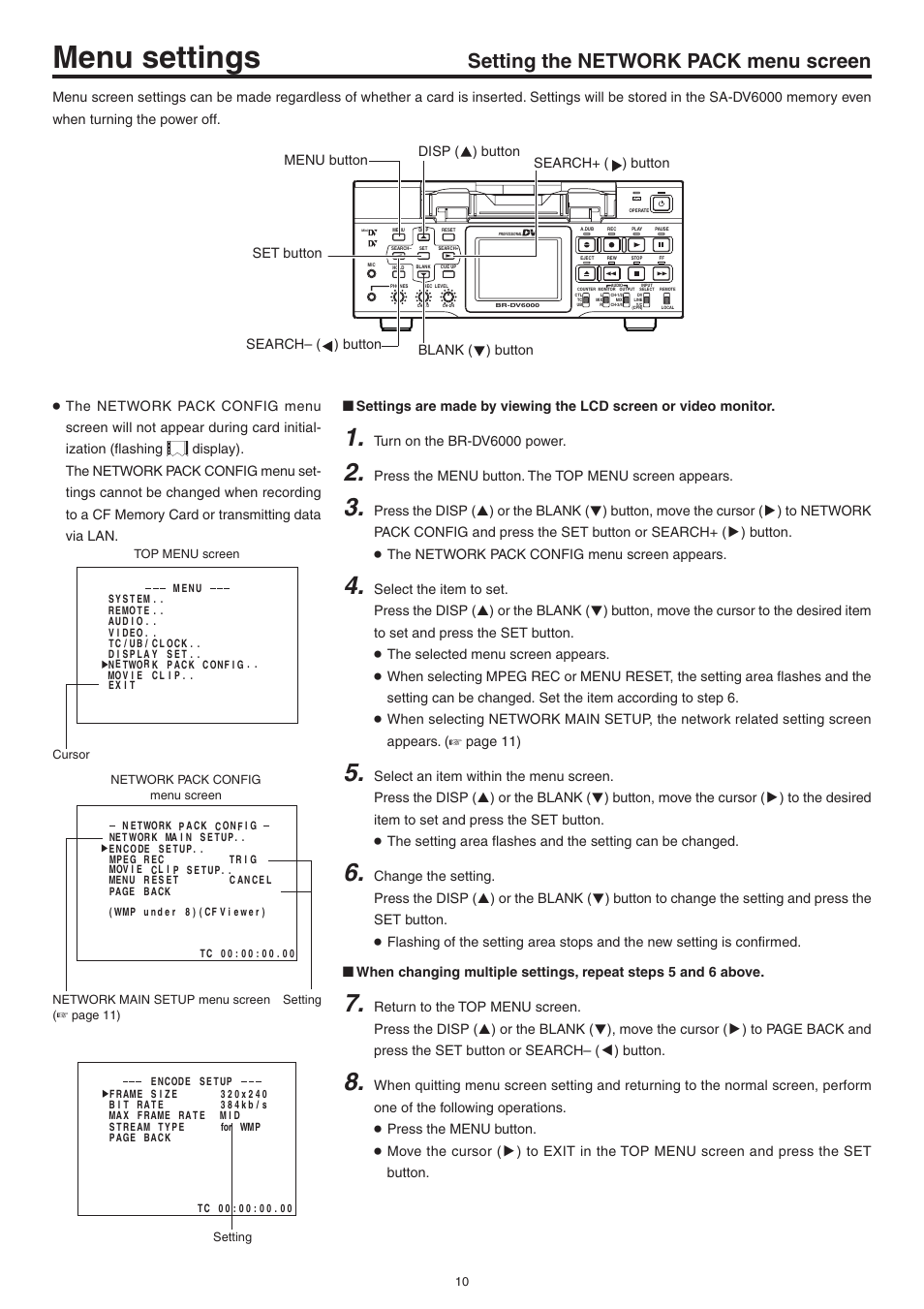 Setting the network pack menu screen, Menu settings | JVC Network Pack SA-DV6000 User Manual | Page 10 / 71