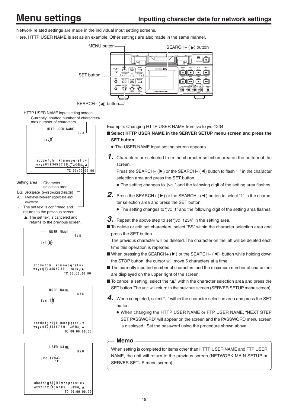 Inputting character data for network settings, Menu settings | JVC Network Pack SA-DV6000 User Manual | Page 15 / 71