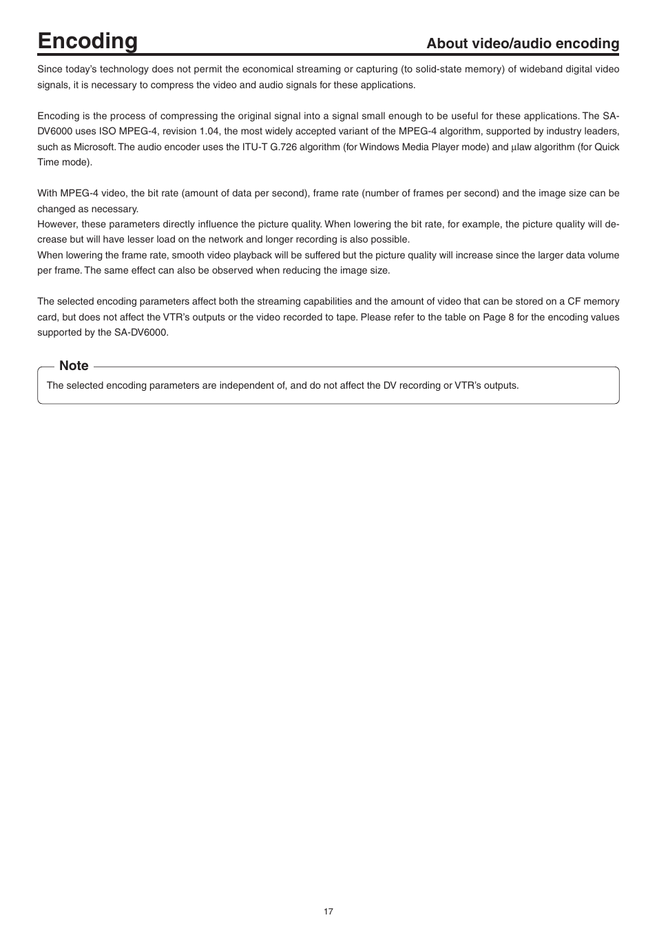 Encoding, About video/audio encoding, Encording | JVC Network Pack SA-DV6000 User Manual | Page 17 / 71