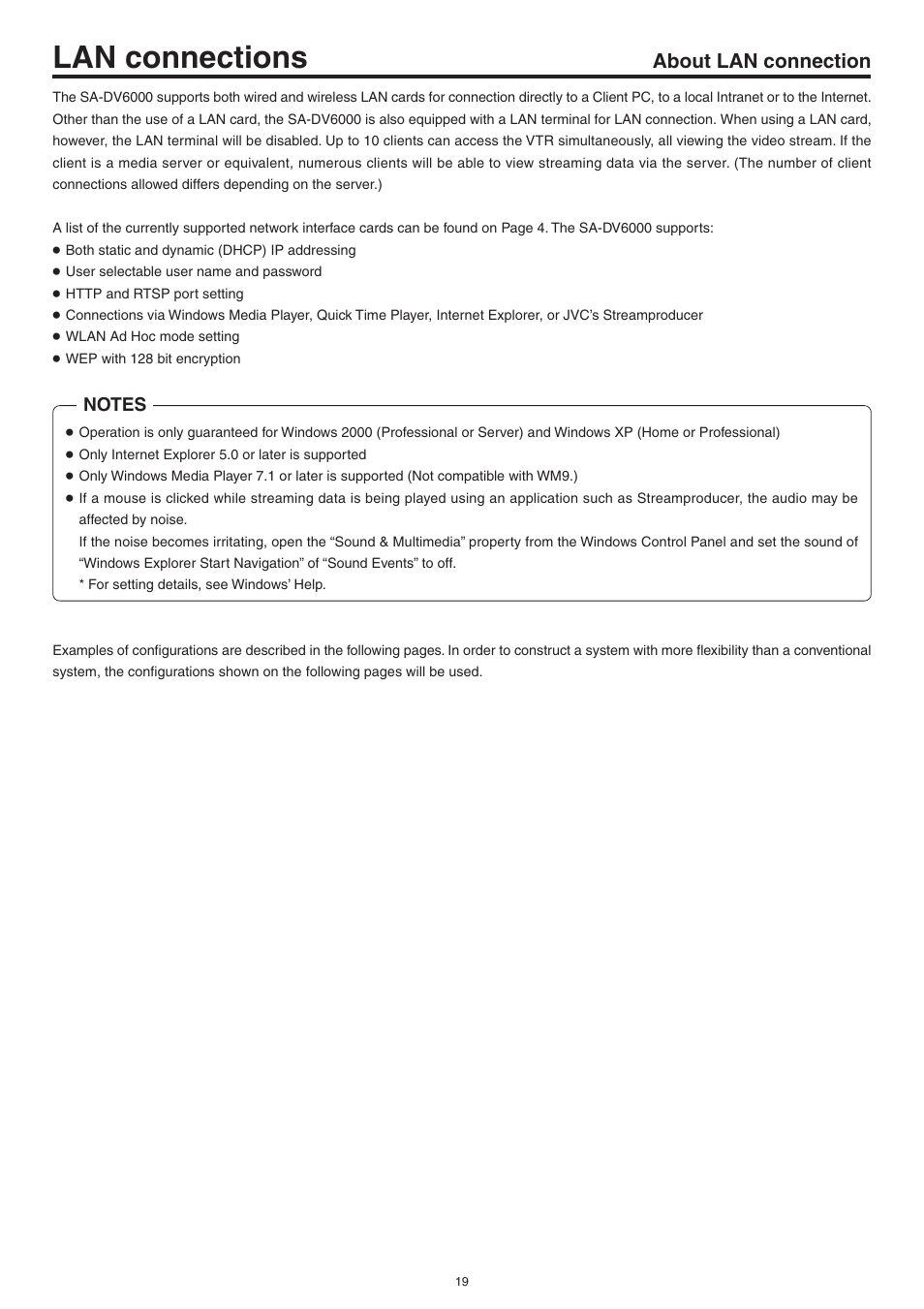 Lan connections, About lan connection, Lan connection | JVC Network Pack SA-DV6000 User Manual | Page 19 / 71