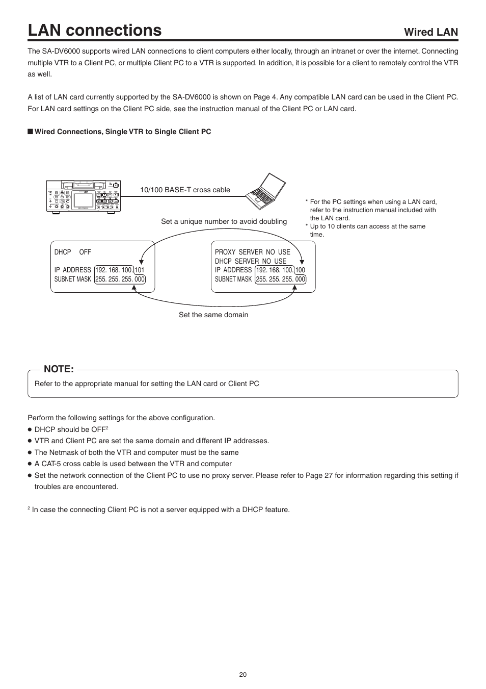 Wired lan, Wired connections, single vtr to single client pc, Wired connection, single vtr to single client pc | Lan connections, Professional, Ch-1/3 ch-2/4, Mini | JVC Network Pack SA-DV6000 User Manual | Page 20 / 71