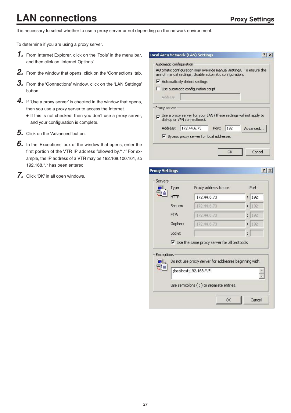 Proxy settings, Lan connections | JVC Network Pack SA-DV6000 User Manual | Page 27 / 71