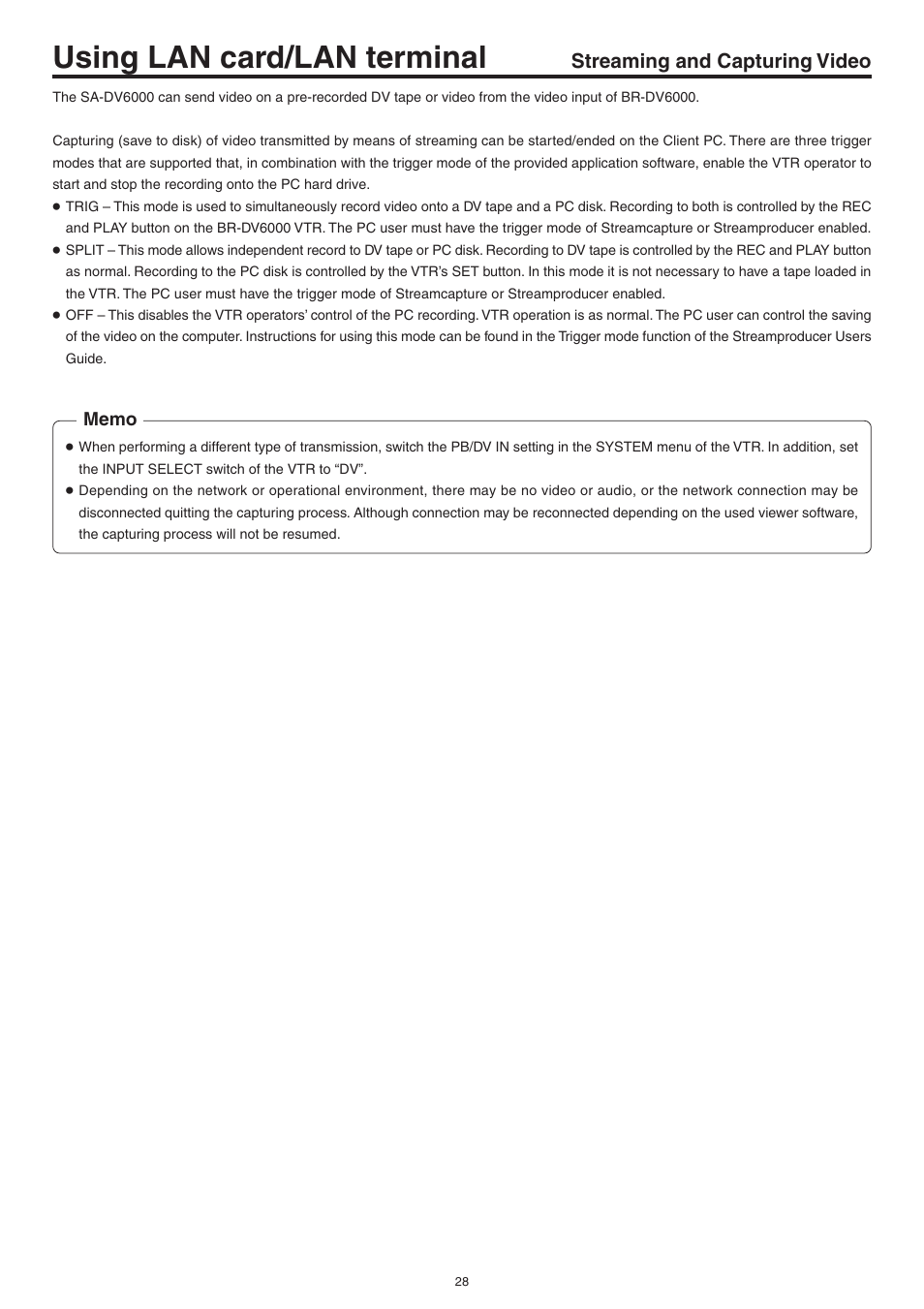 Using lan card/lan terminal, Streaming and capturing video | JVC Network Pack SA-DV6000 User Manual | Page 28 / 71