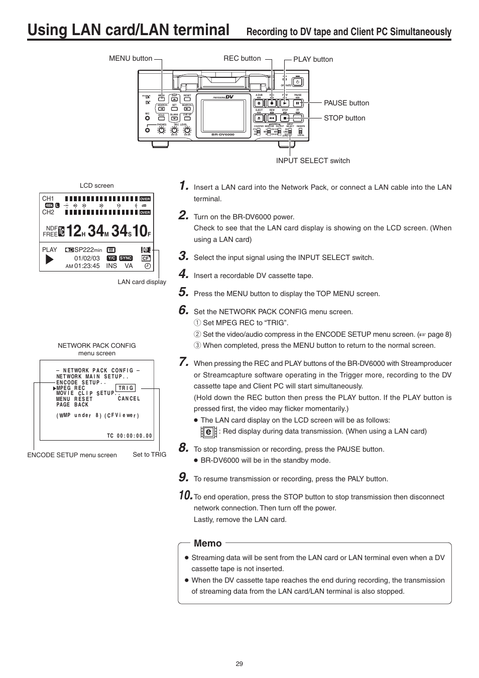 Recording to dv tape and client pc simultaneously, Using lan card/lan terminal | JVC Network Pack SA-DV6000 User Manual | Page 29 / 71