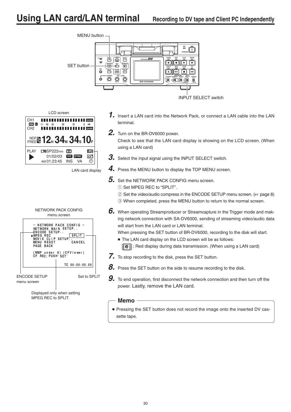 Recording to dv tape and client pc independently, Using lan card/lan terminal, Lastly, remove the lan card | JVC Network Pack SA-DV6000 User Manual | Page 30 / 71