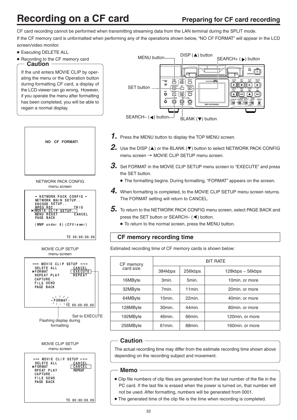 Recording on a cf card, Preparing for cf card recording, Caution | JVC Network Pack SA-DV6000 User Manual | Page 32 / 71
