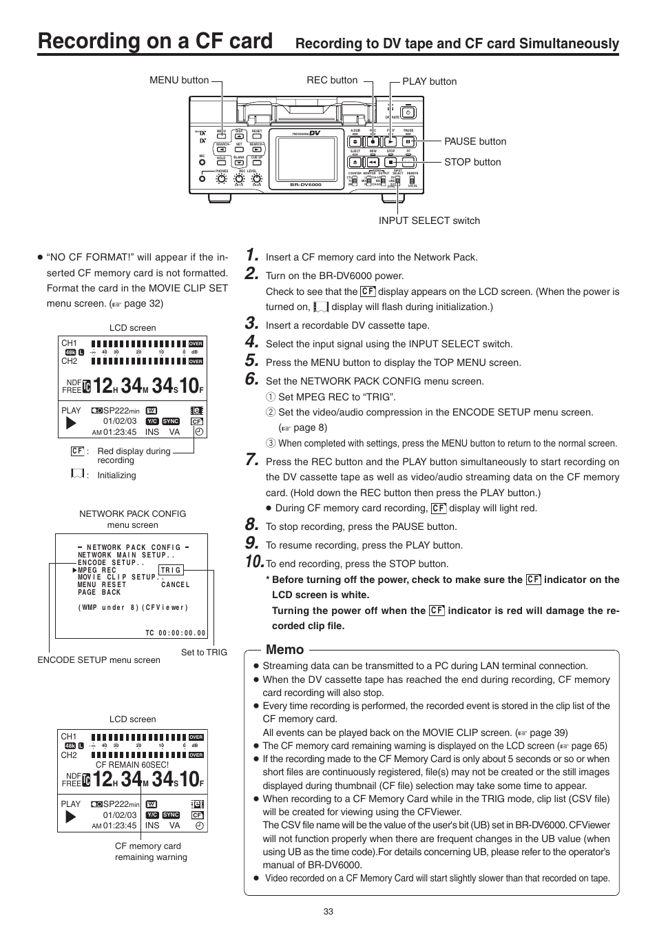 Recording to dv tape and cf card simultaneously, Recording on a cf card | JVC Network Pack SA-DV6000 User Manual | Page 33 / 71