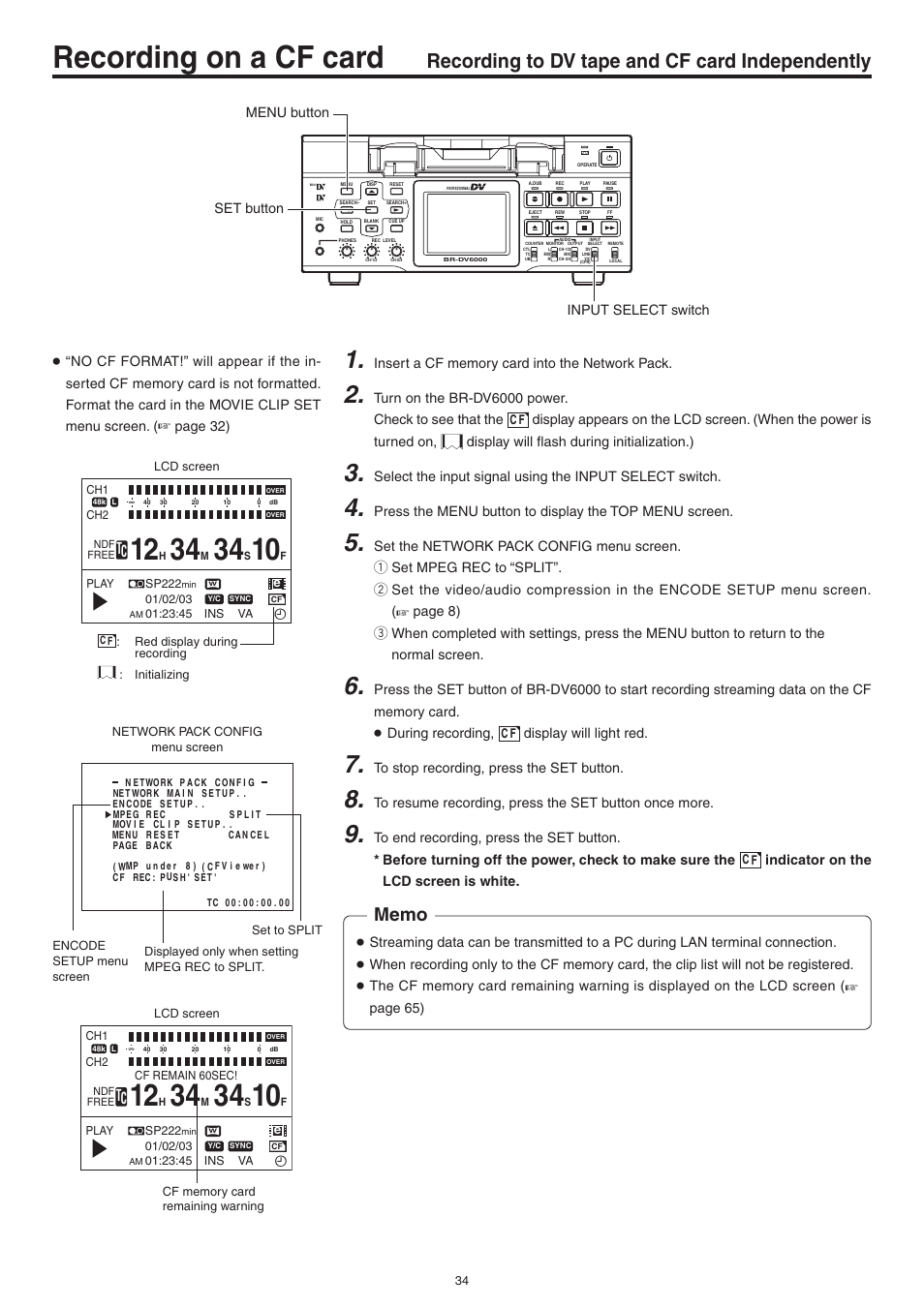 Recording to dv tape and cf card independently, Recording on a cf card | JVC Network Pack SA-DV6000 User Manual | Page 34 / 71