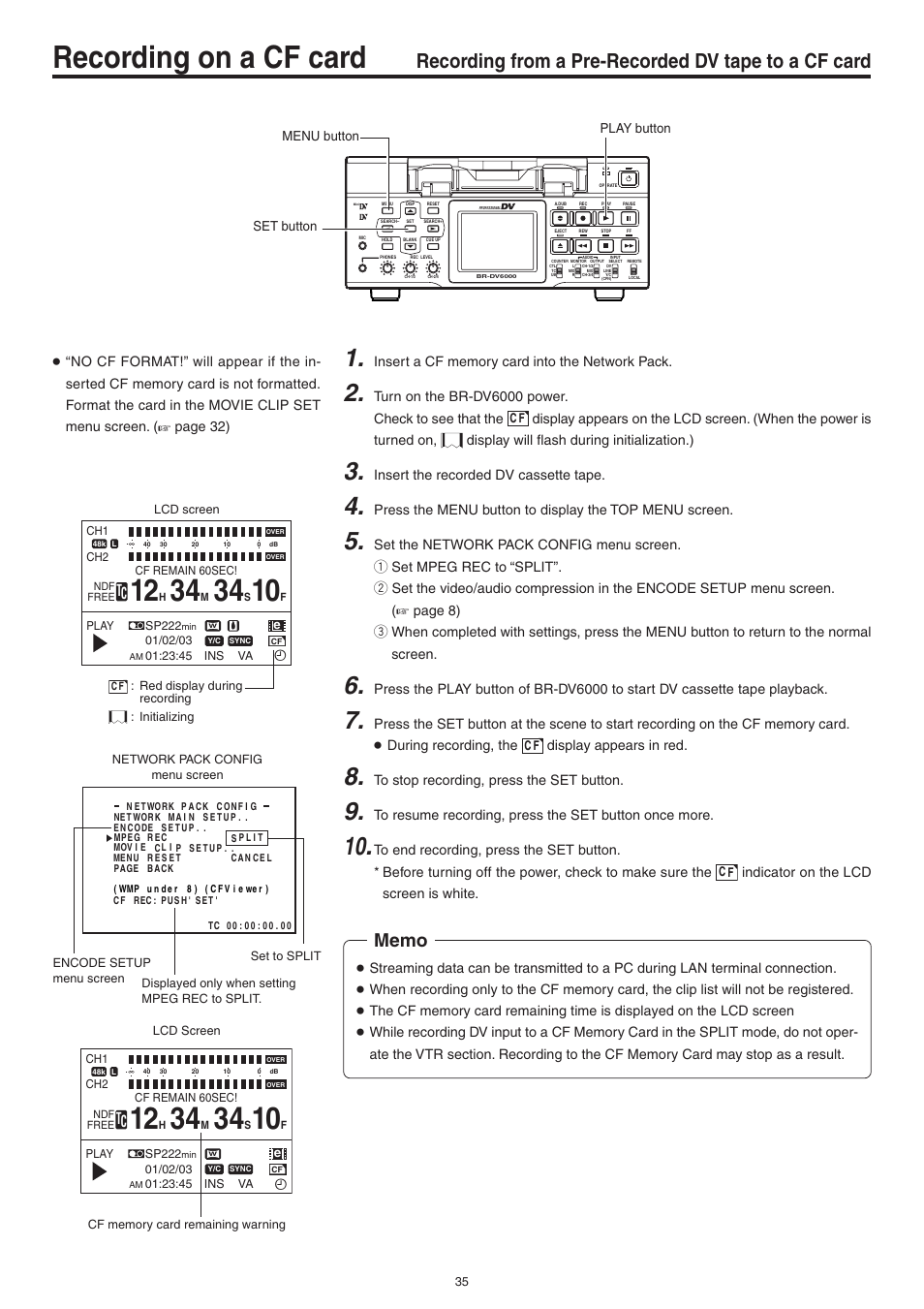 Recording from a pre-recorded dv tape to a cf card, Recording on a cf card | JVC Network Pack SA-DV6000 User Manual | Page 35 / 71