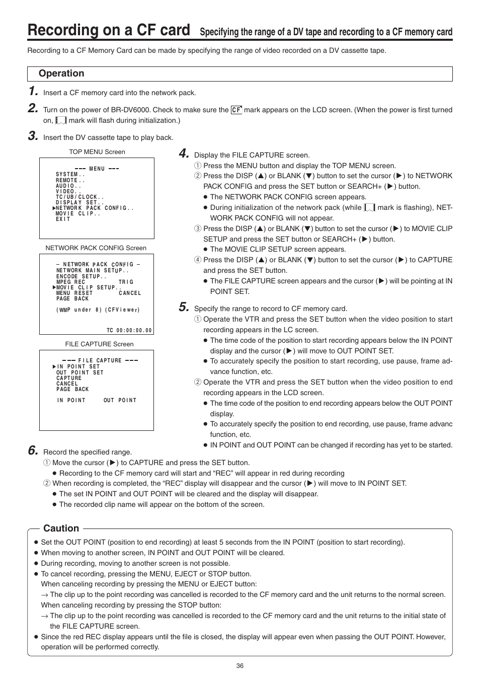 Recording on a cf card, Caution, Operation | JVC Network Pack SA-DV6000 User Manual | Page 36 / 71