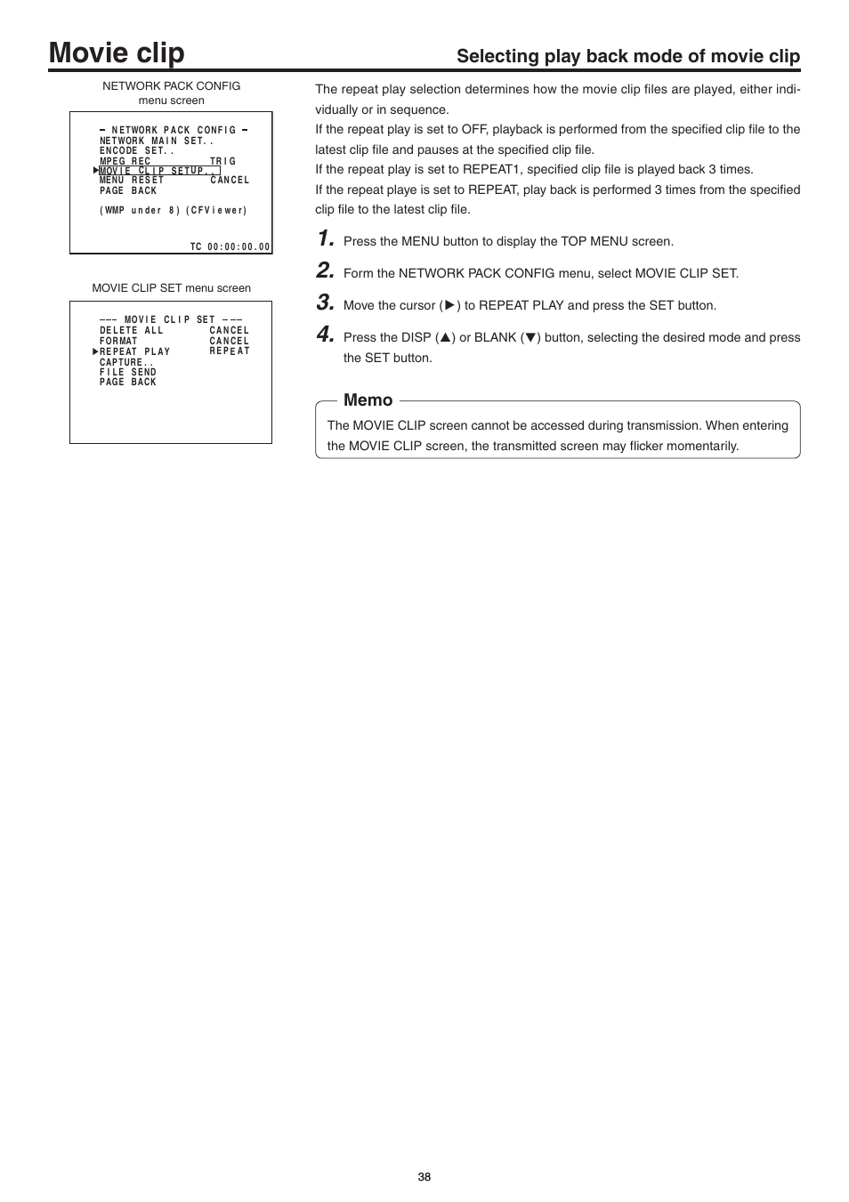 Movie clip, Selecting play back mode of movie clip, Selecting playback mode of movie clip | JVC Network Pack SA-DV6000 User Manual | Page 38 / 71