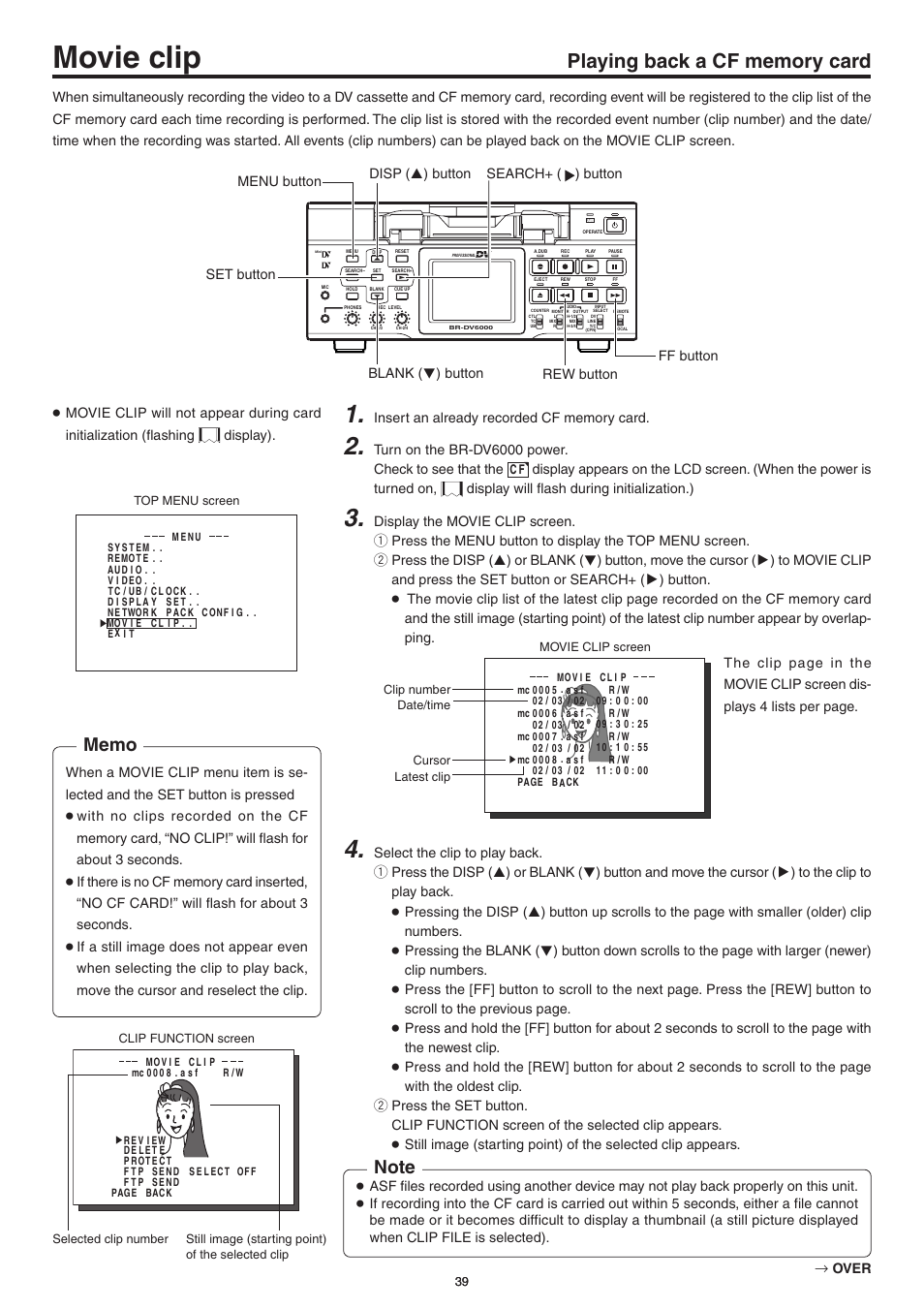 Playing back a cf memory card, Movie clip | JVC Network Pack SA-DV6000 User Manual | Page 39 / 71
