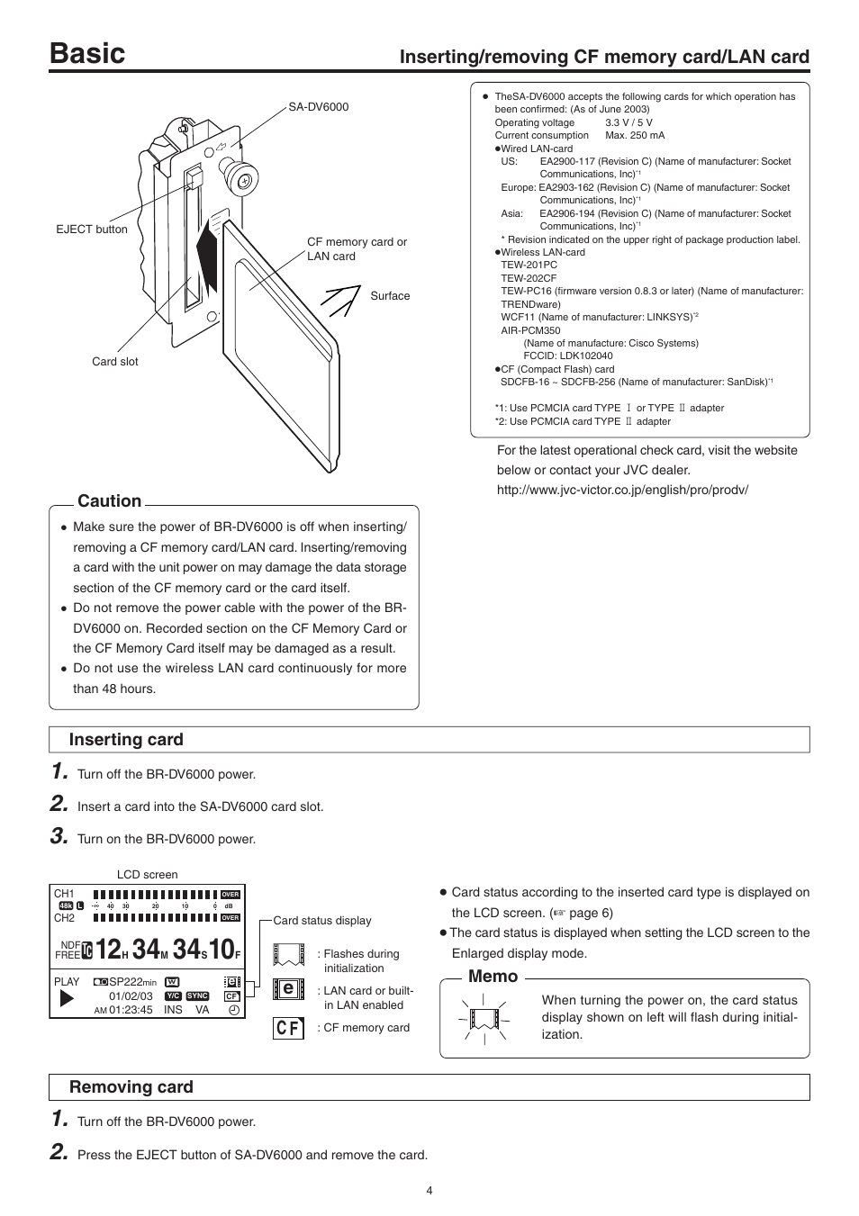 Basic, Inserting/removing cf memory card/lan card, Ec f | Caution, Inserting card, Removing card | JVC Network Pack SA-DV6000 User Manual | Page 4 / 71