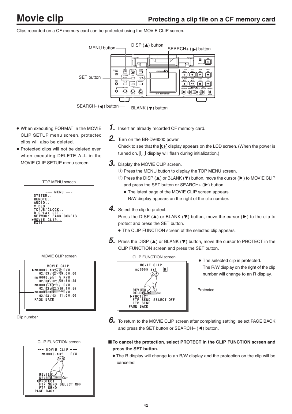 Protecting a clip file on a cf memory card, Movie clip | JVC Network Pack SA-DV6000 User Manual | Page 42 / 71