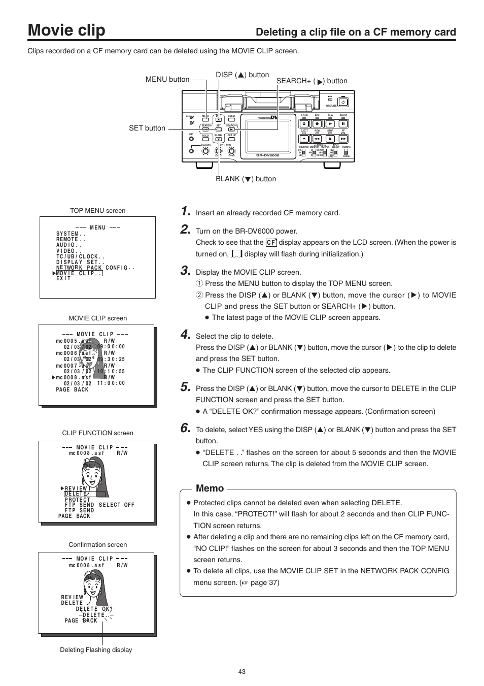 Deleting a clip file on a cf memory card, Delecting a clip file on a cf memory card, Movie clip | JVC Network Pack SA-DV6000 User Manual | Page 43 / 71