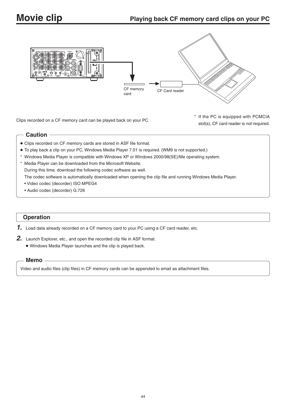 Playing back cf memory card clips on your pc, Movie clip, Caution | Operation | JVC Network Pack SA-DV6000 User Manual | Page 44 / 71