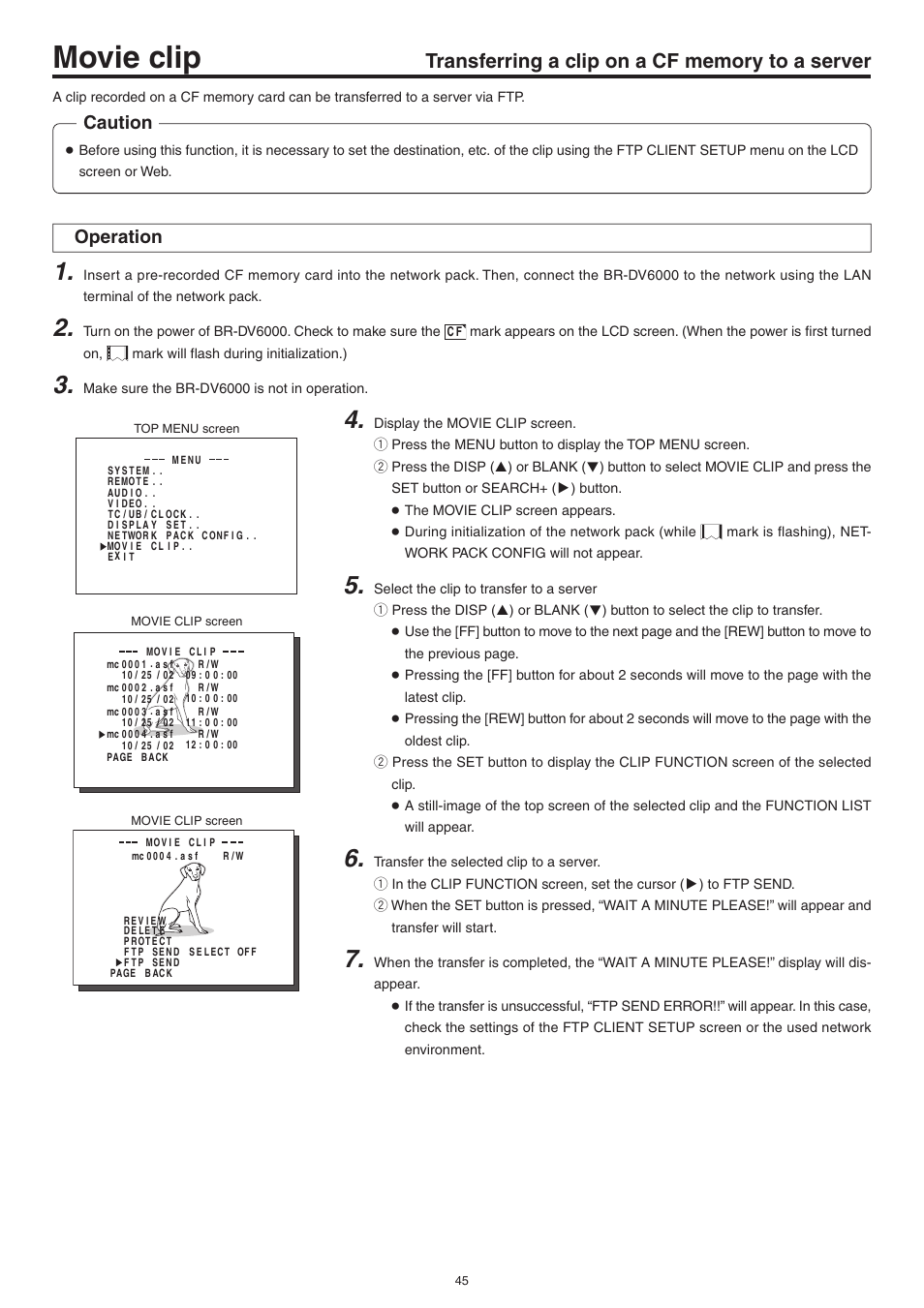 Transferring a clip on a cf memory to a server, Movie clip, Caution | Operation | JVC Network Pack SA-DV6000 User Manual | Page 45 / 71