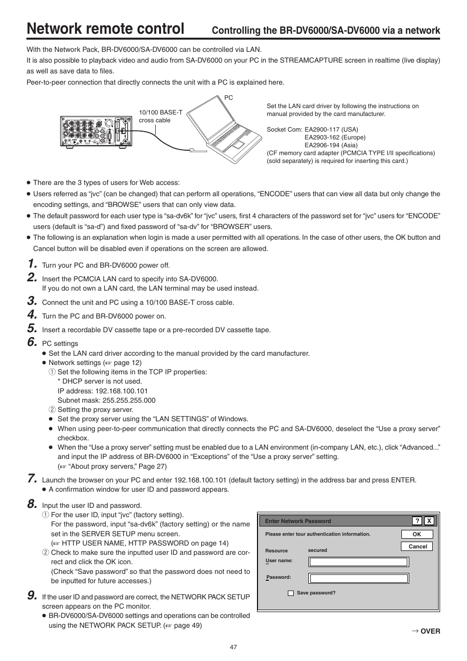 Network remote control, Controlling the br-dv6000/sa-dv6000 via a network | JVC Network Pack SA-DV6000 User Manual | Page 47 / 71