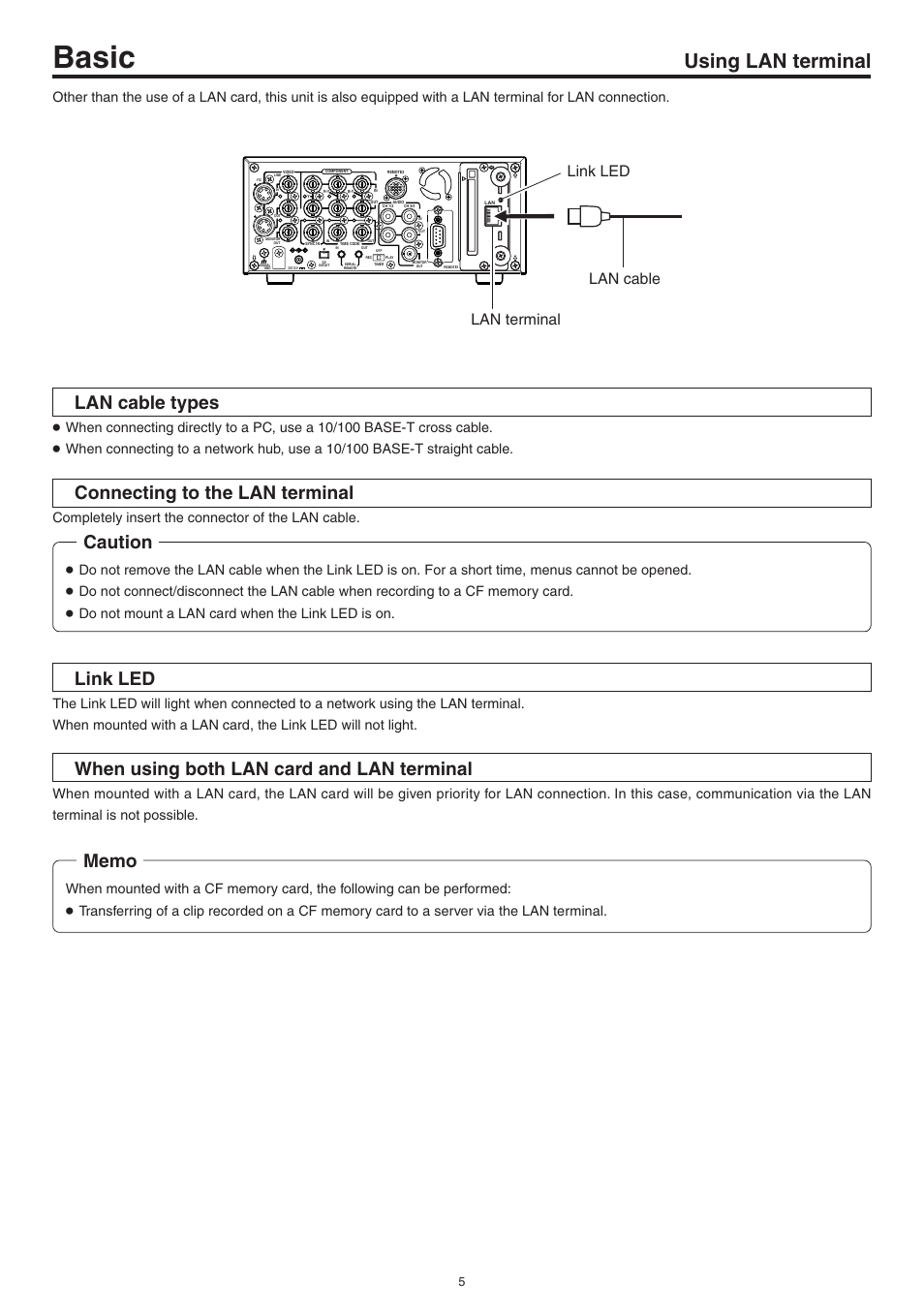Using lan terminal, Basic, Lan cable types | Connecting to the lan terminal, Caution, Link led, When using both lan card and lan terminal, Link led lan terminal lan cable, Completely insert the connector of the lan cable | JVC Network Pack SA-DV6000 User Manual | Page 5 / 71