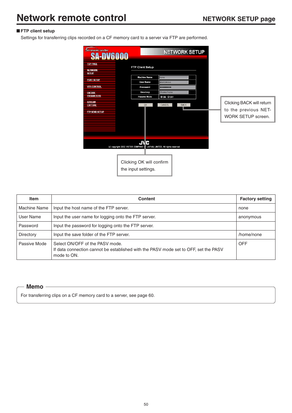 Ftp client setup, Network remote control, Network setup page | JVC Network Pack SA-DV6000 User Manual | Page 50 / 71
