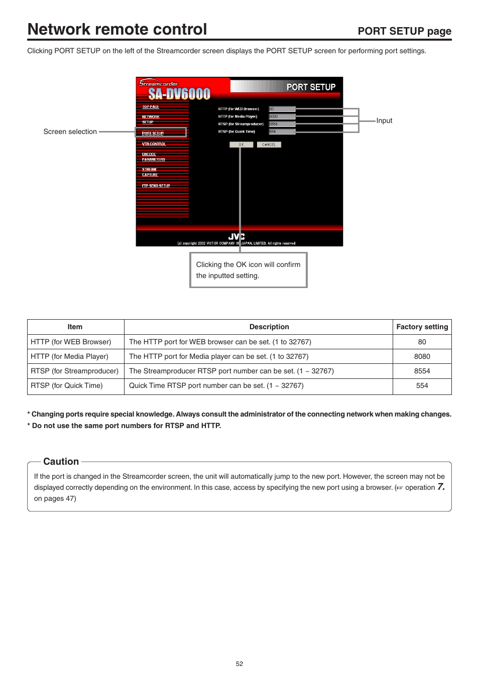 Network remote control, Port setup page, Caution | JVC Network Pack SA-DV6000 User Manual | Page 52 / 71
