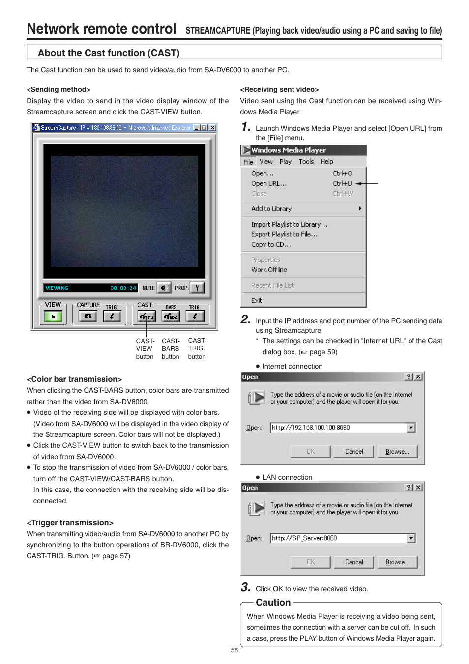 Network remote control, About the cast function (cast), Caution | JVC Network Pack SA-DV6000 User Manual | Page 58 / 71
