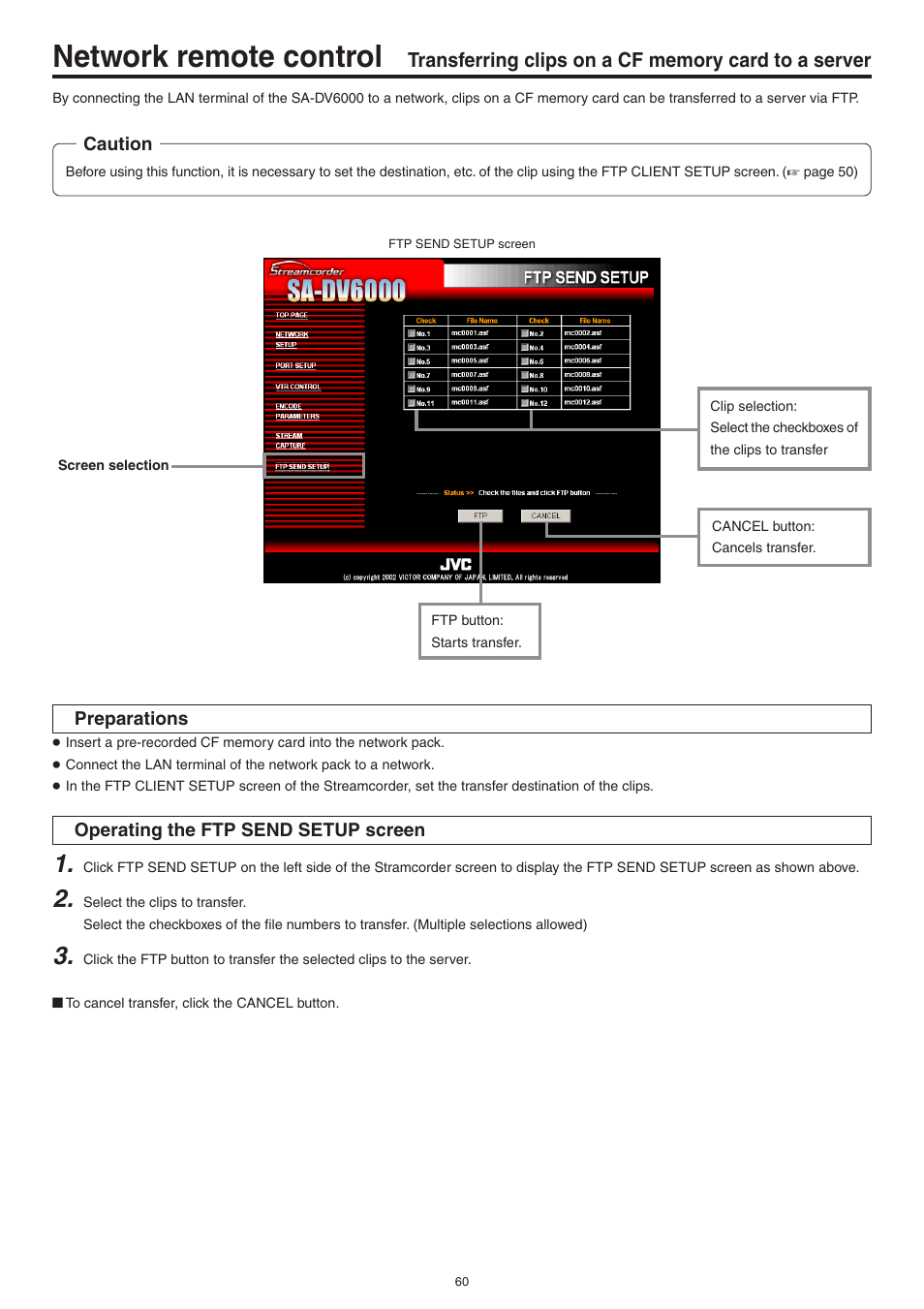Transferring clips on a cf memory card to a server, Network remote control | JVC Network Pack SA-DV6000 User Manual | Page 60 / 71