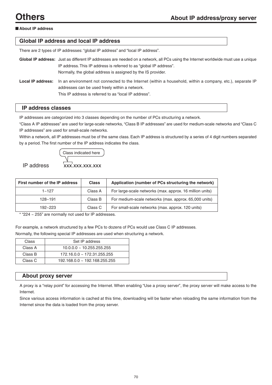 About ip address/proxy server, Others, Global ip address and local ip address | Ip address classes, Ip address xxx.xxx.xxx.xxx, About proxy server | JVC Network Pack SA-DV6000 User Manual | Page 70 / 71