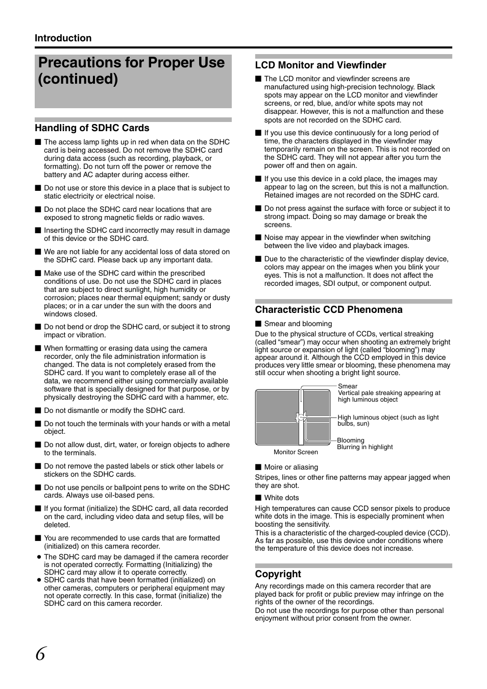 Precautions for proper use (continued), Introduction handling of sdhc cards, Lcd monitor and viewfinder | Characteristic ccd phenomena, Copyright | JVC GY-HM700CHE User Manual | Page 10 / 132