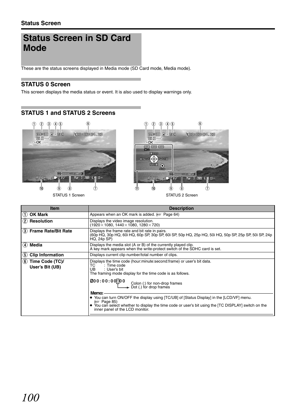 Status screen in sd card mode, Status screen, Status 0 screen | Status 1 and status 2 screens | JVC GY-HM700CHE User Manual | Page 104 / 132