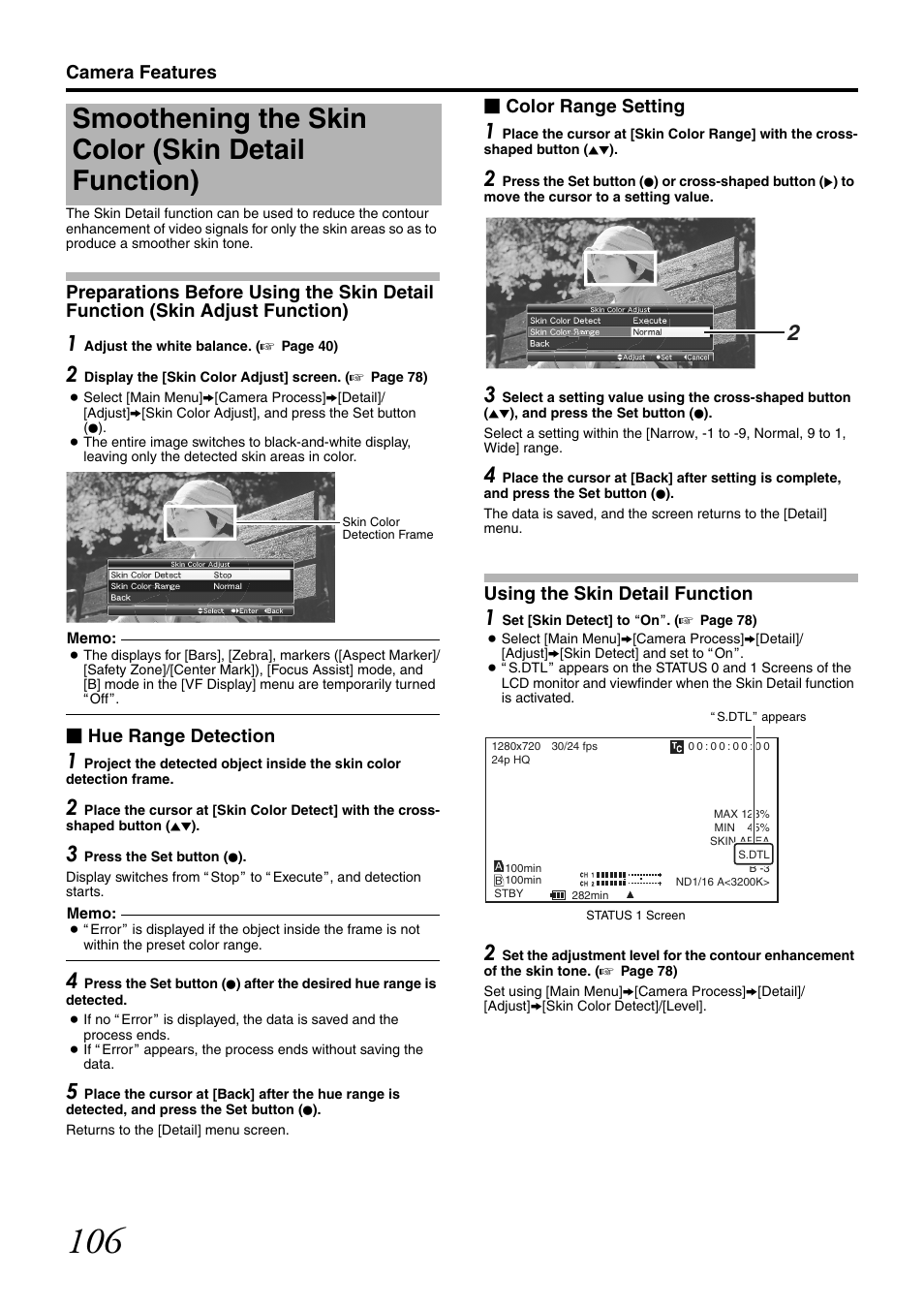 Smoothening the skin color (skin detail function), Camera features, Hue range detection | Color range setting, Using the skin detail function | JVC GY-HM700CHE User Manual | Page 110 / 132