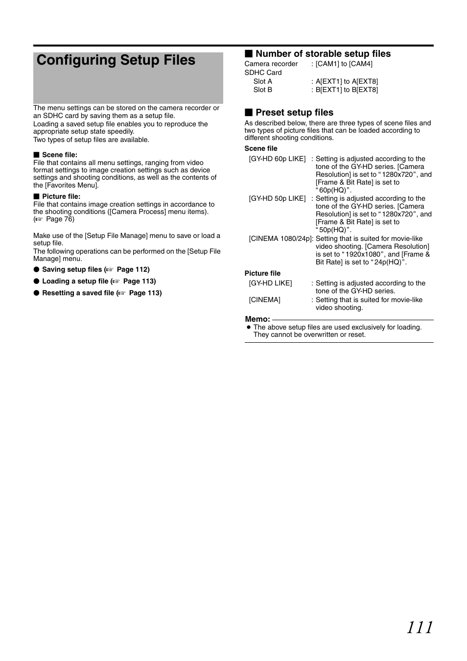 Configuring setup files, Number of storable setup files, Preset setup files | JVC GY-HM700CHE User Manual | Page 115 / 132