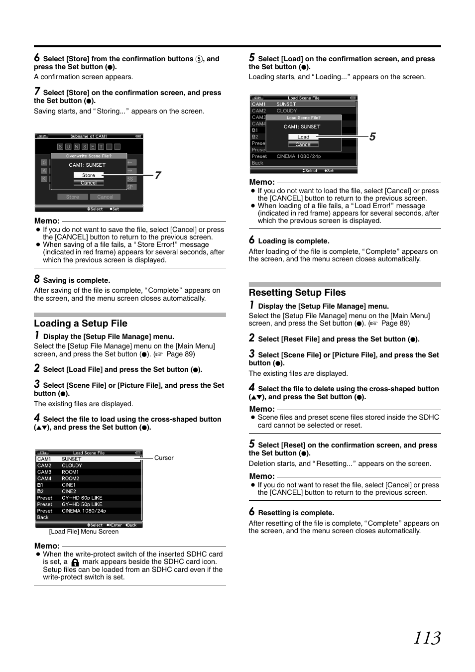 Loading a setup file, Resetting setup files | JVC GY-HM700CHE User Manual | Page 117 / 132