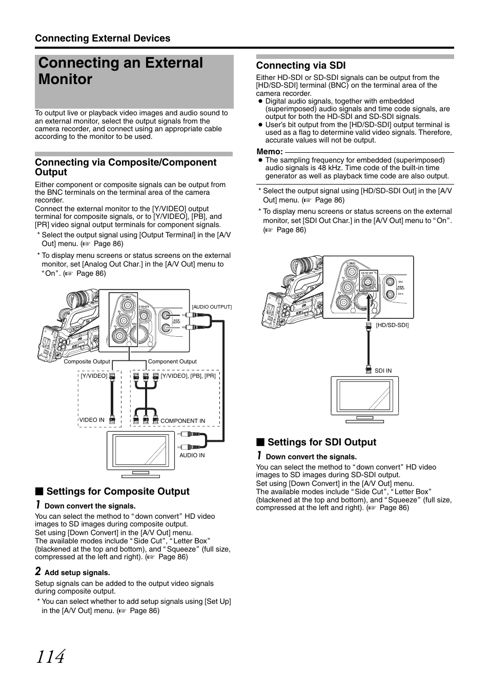 Connecting external devices, Connecting an external monitor, Connecting via composite/component output | Settings for composite output, Connecting via sdi, Settings for sdi output | JVC GY-HM700CHE User Manual | Page 118 / 132